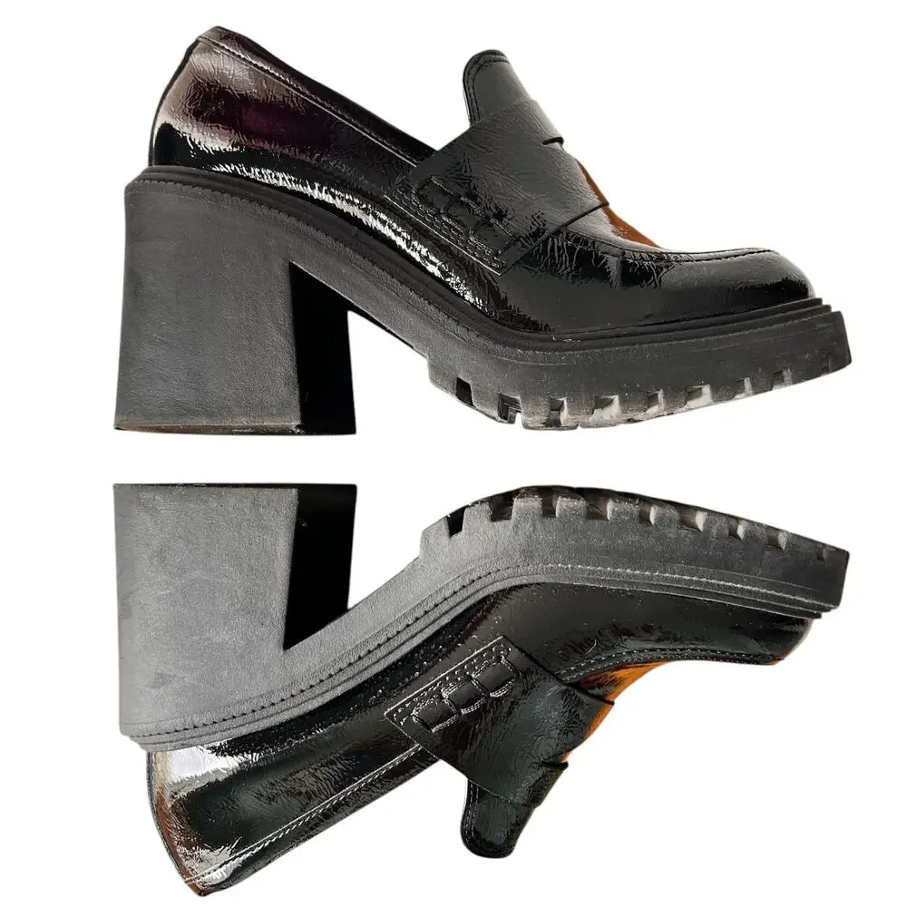 Womens Y2K Goth Chunky Loafers Sz 9 Black Patent Vegan Leather Lug Sole Platform